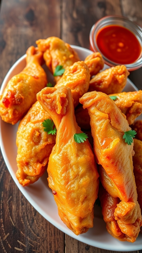 Crispy fried chicken wings served with parsley and dipping sauce on a rustic table.